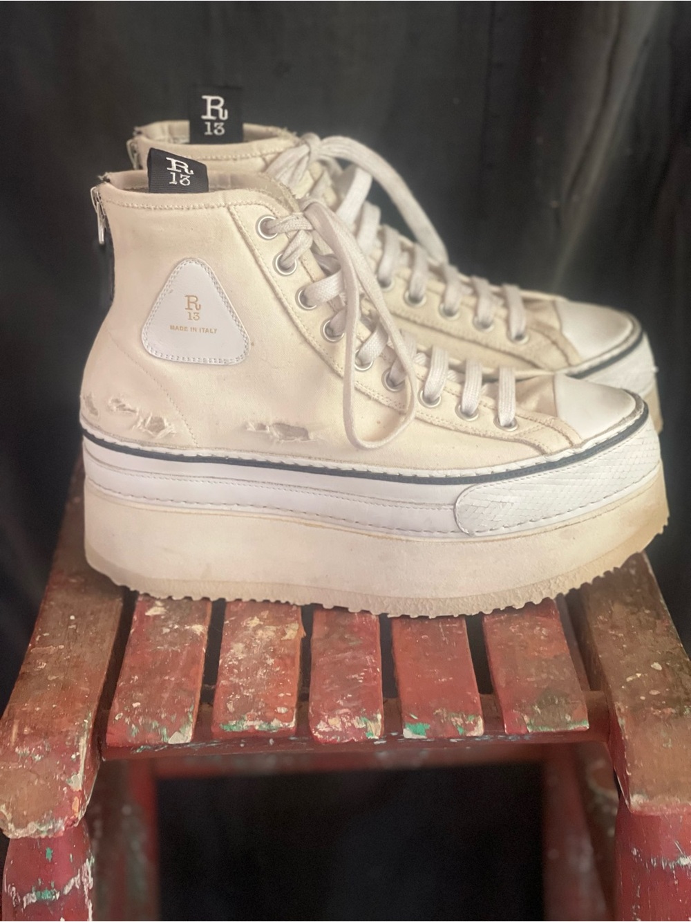 R13 Courtney Platform High Top Sneakers Ecru Distressed